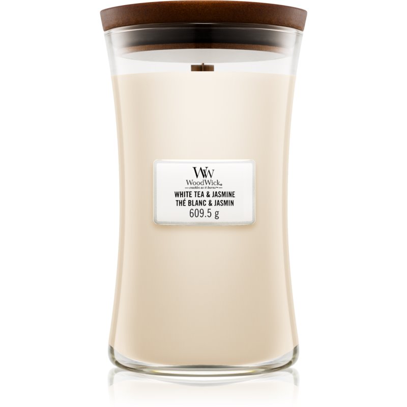 Woodwick White Tea & Jasmine ароматна свещ с дървен фитил 609.5 гр.