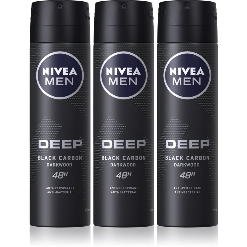 Nivea Men Deep Black Carbon Darkwood антиперспирант-спрей 3 x 150 ml (изгодна опаковка) за мъже