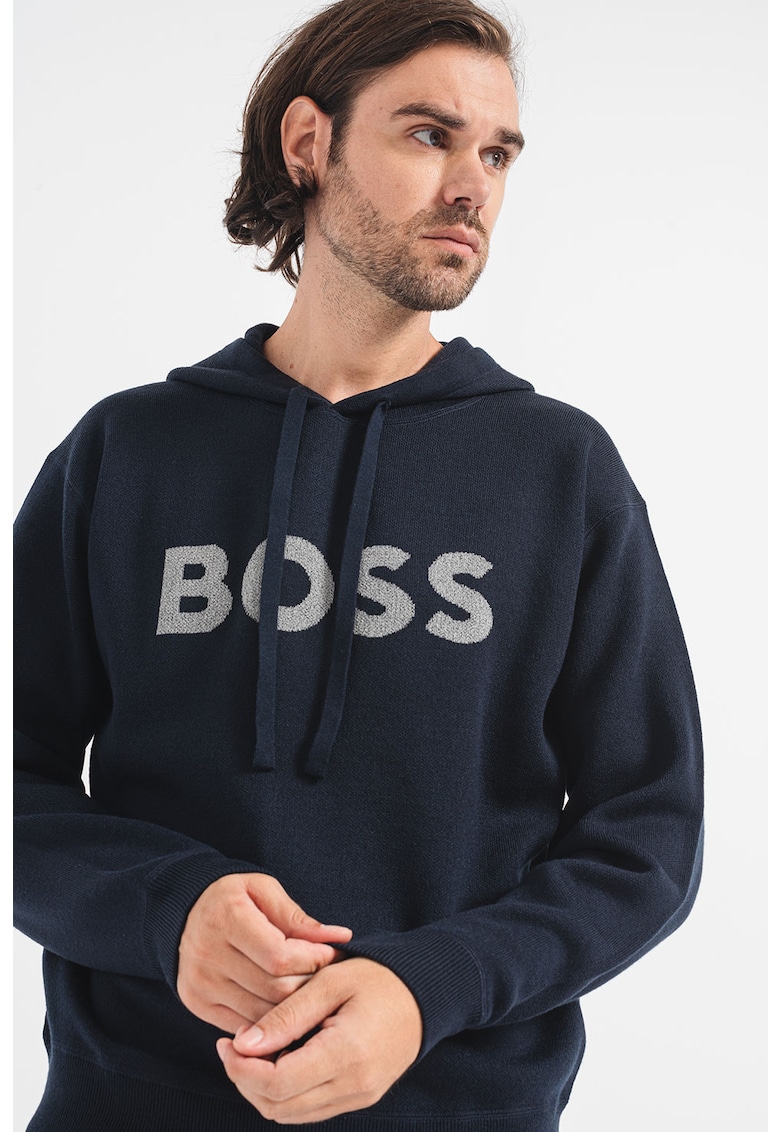 Пуловер с необработена вълна и с качулка и лого BOSS