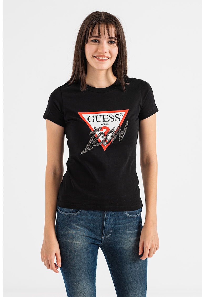 Тениска с лого от декоративни камъни GUESS JEANS