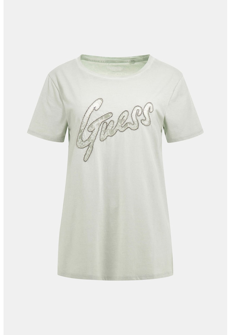 Памучна тениска с лого от декоративни камъни GUESS JEANS