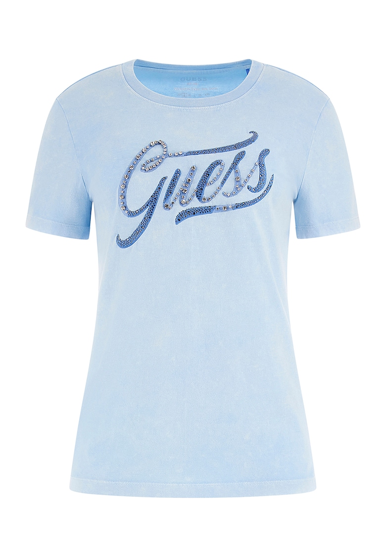 Тениска с бродирано лого и декоративни камъни GUESS JEANS