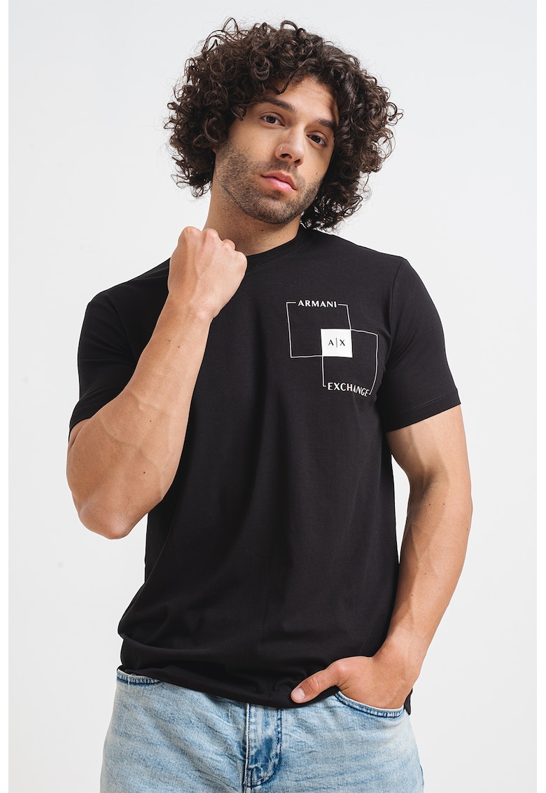 Памучна тениска с шпиц и лого ARMANI EXCHANGE