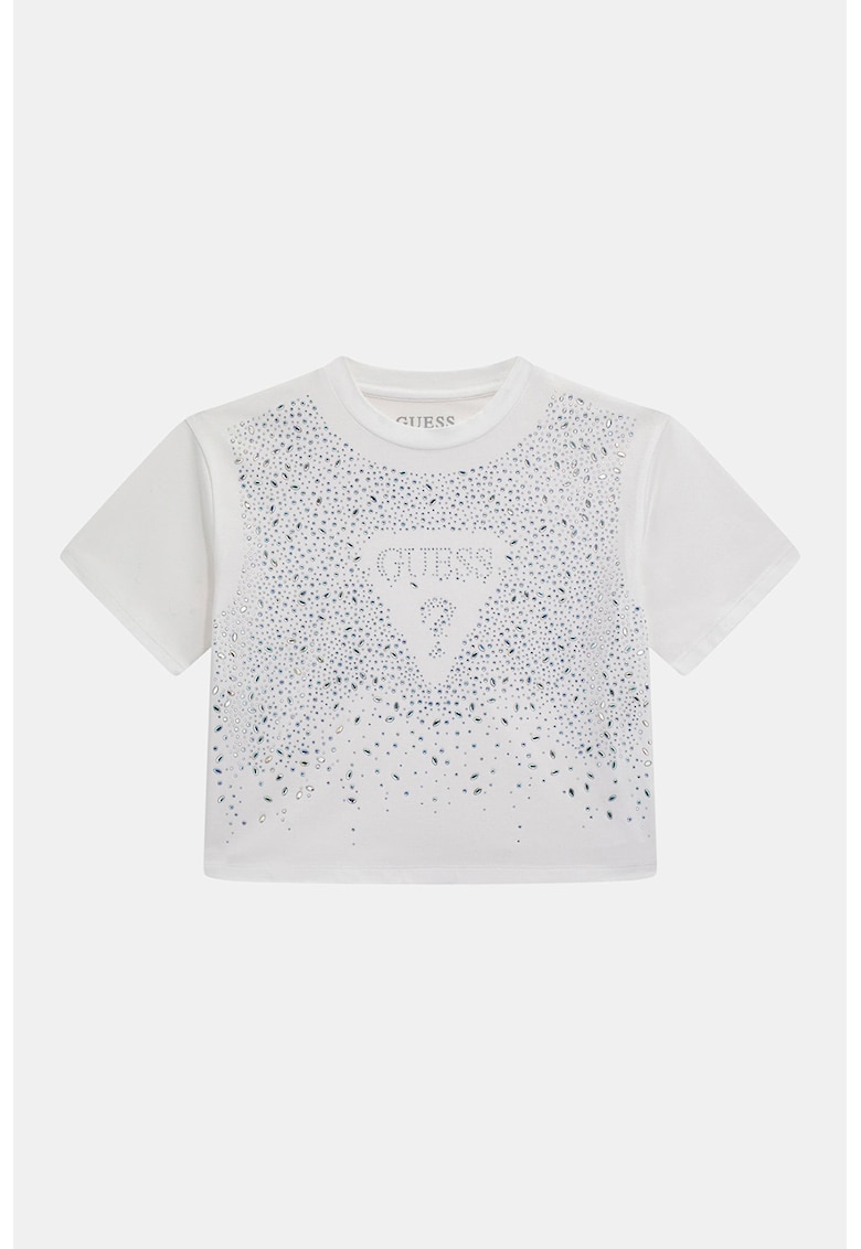 Къса тениска с лого и декоративни камъни GUESS KIDS