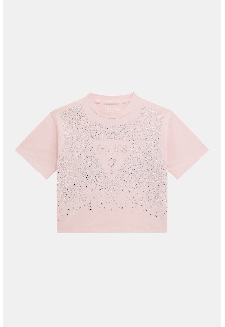 Къса тениска с лого и декоративни камъни GUESS KIDS