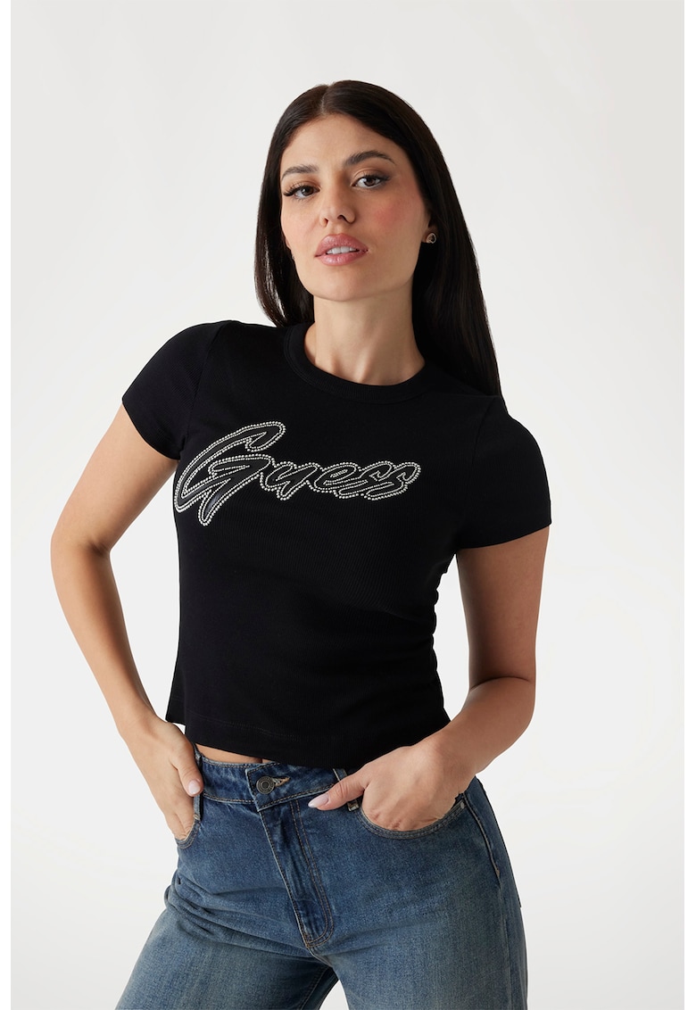 Тениска с памук с декоративни камъни GUESS