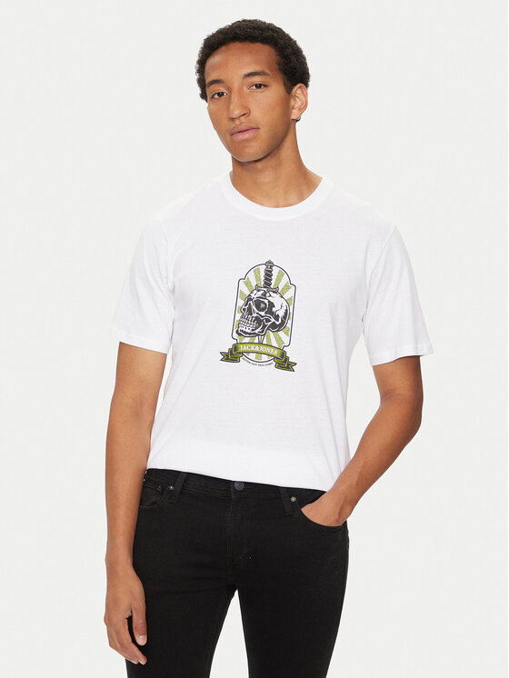 Jack&Jones Тишърт Seven Skull 12262491 Бял Regular Fit за Мъже цена