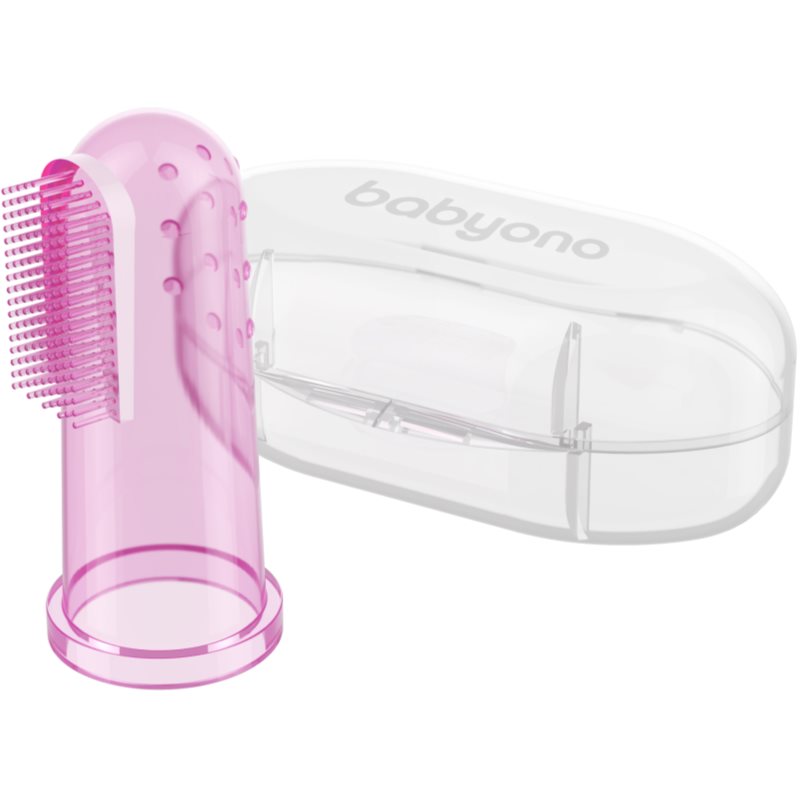 BabyOno Take Care First Toothbrush детска четка за зъби за върху пръст с калъфка Pink 1 бр.