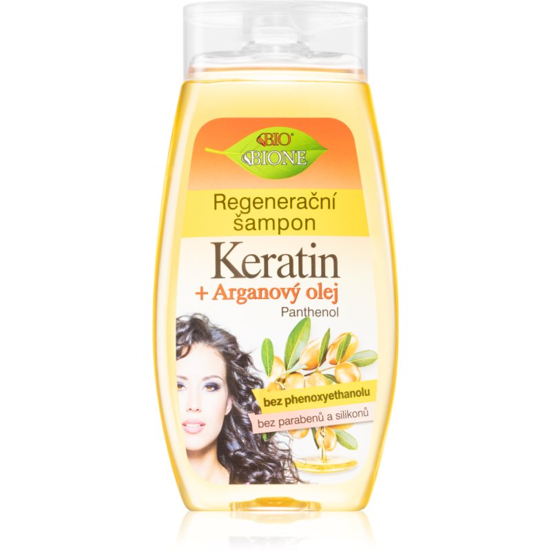 Bione Cosmetics Keratin + Argan регенериращ шампоан за блясък и мекота на косата 260 мл.
