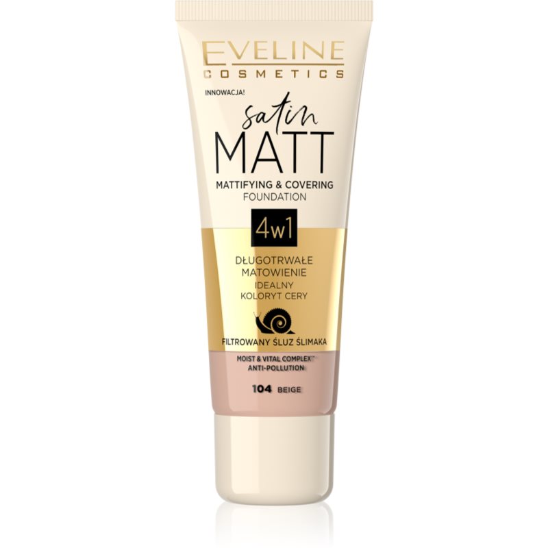 Eveline Cosmetics Satin Matt матиращ фон дьо тен с екстракт от охлюв цвят 104 Beige 30 мл.