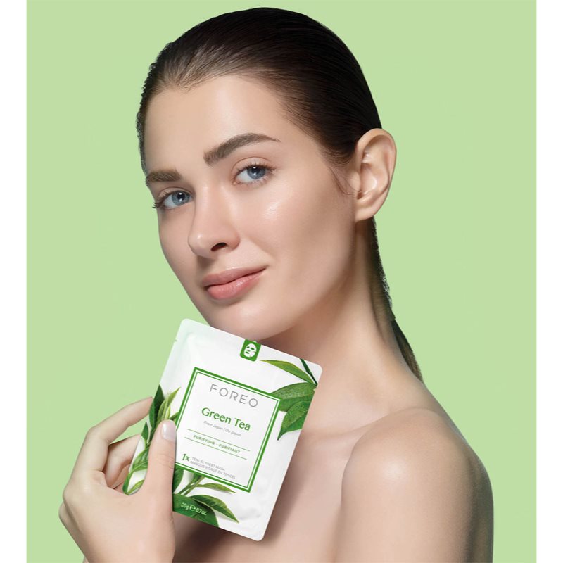 FOREO Farm to Face Sheet Mask Green Tea платнена маска с успокояващ ефект за смесена кожа 3x20 гр. на ниска цена