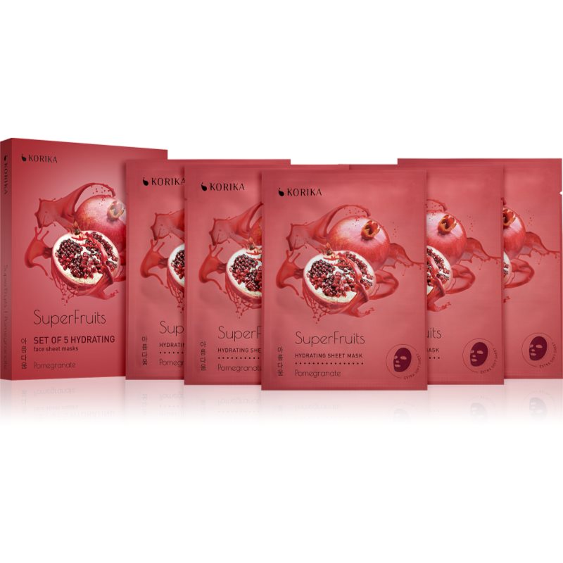 KORIKA SuperFruits Pomegranate - Set of 5 Hydrating Face Sheet Masks комплект маски за лице на намалена цена с хидратиращ ефект Pomegranate на ниска цена