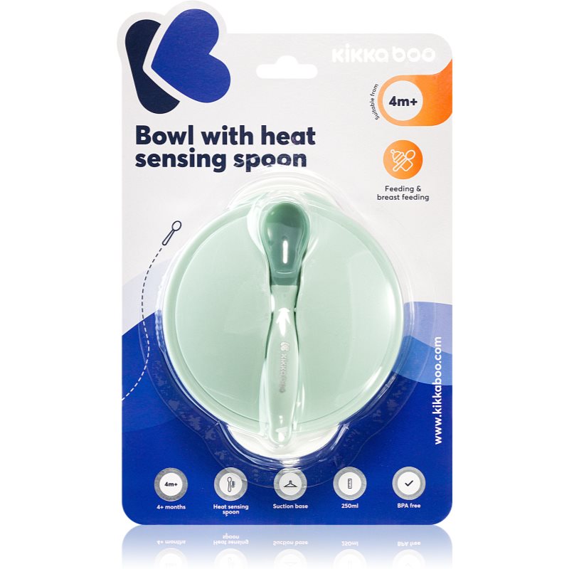 Kikkaboo Suction Bowl & Heat Sensing Spoon сет за хранене 4 m+ Mint 3 бр.