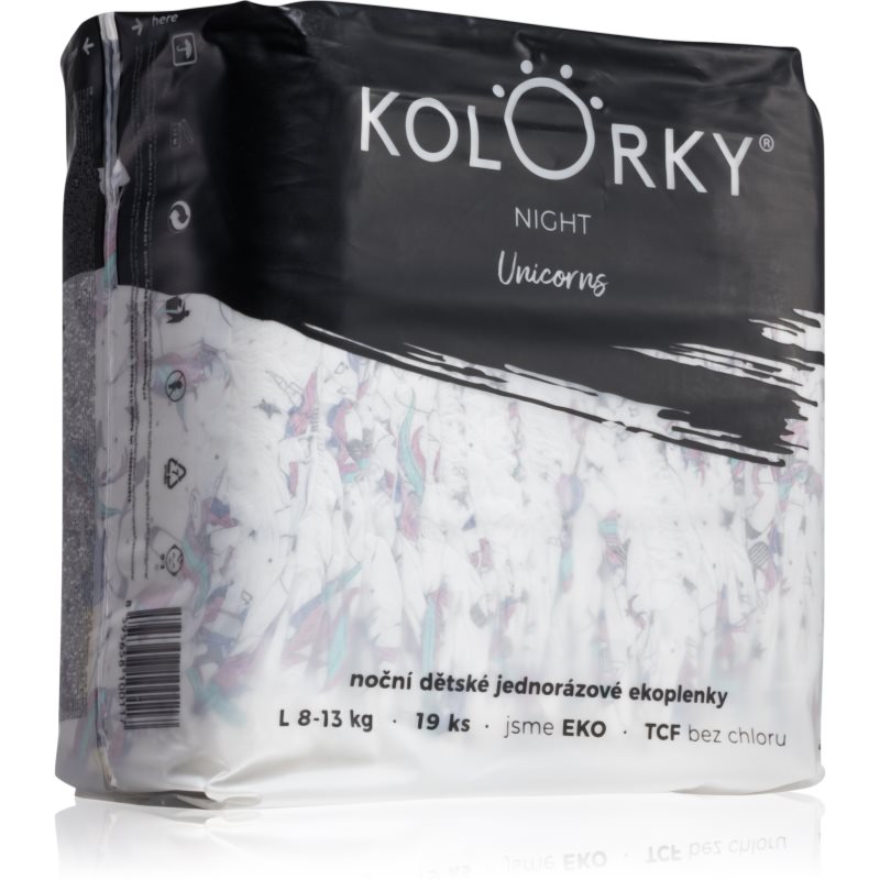 Kolorky Night Unicorn еднократни ЕКО пелени за цялостна защита през нощта размер L 8-13 Kg 19 бр.
