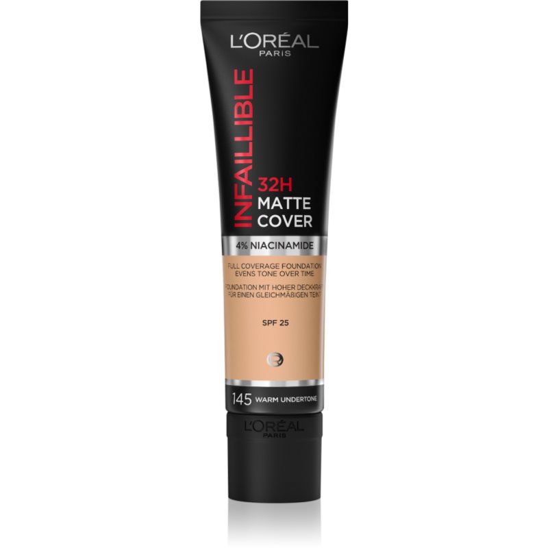 L’Oréal Paris Infallible 32H Matte Cover дълготраен матиращ фон дьо тен SPF 25 цвят 145 (Warm Undertone) 30 мл.