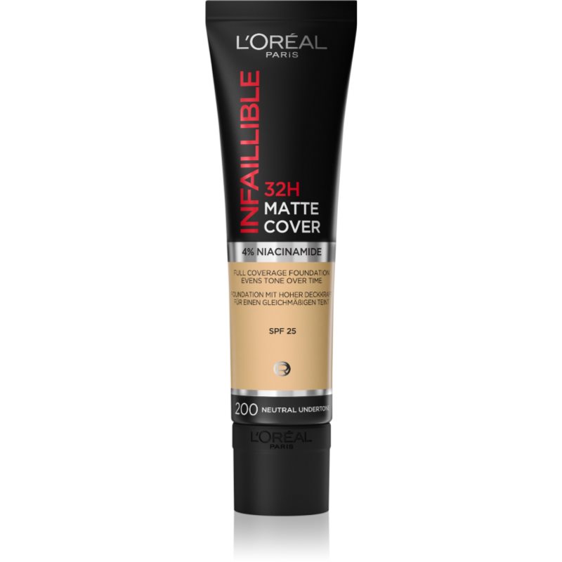 L’Oréal Paris Infallible 32H Matte Cover дълготраен матиращ фон дьо тен SPF 25 цвят 200 (Neutral Undertone) 30 мл.