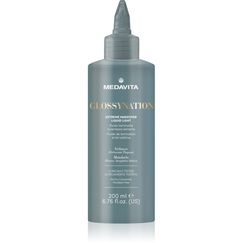 Medavita Glossynation Extreme Makeover Liquid Light дълбоко хидратираща грижа за озаряване на безжизнена коса 200 мл.