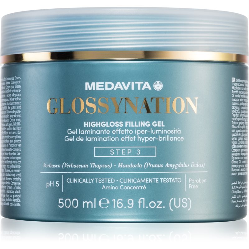 Medavita Glossynation Highgloss Filling Gel гел за коса laminovací gel se zrcadlovým efektem 500 мл.