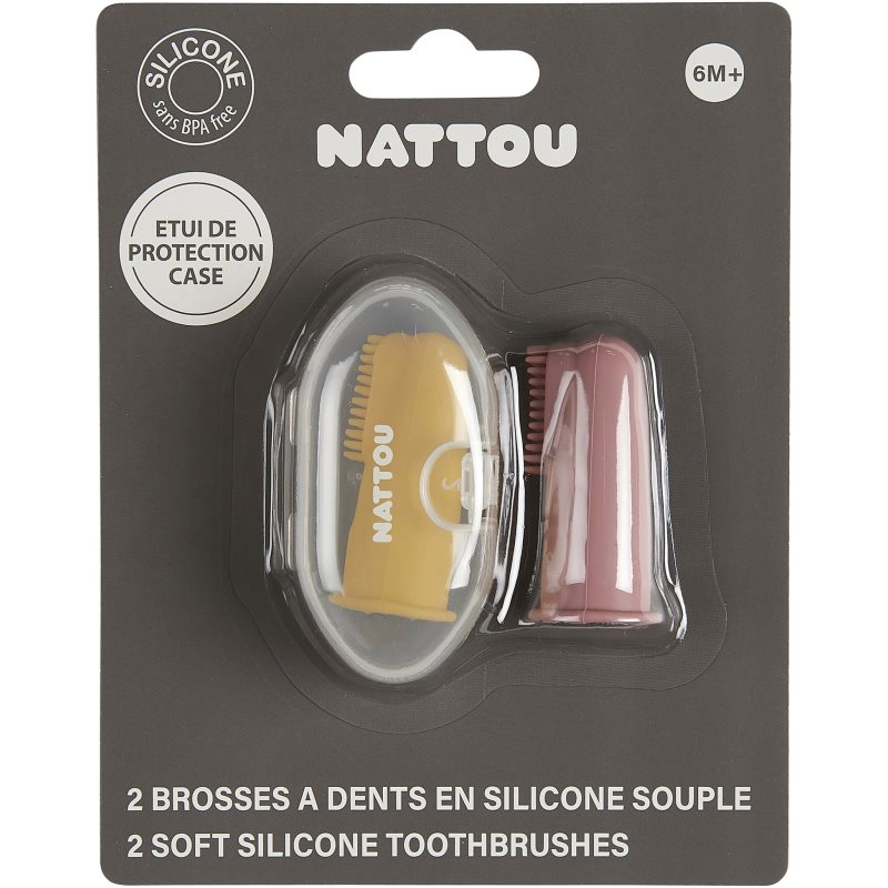 NATTOU Baby Toothbrush детска четка за зъби за върху пръст с калъфка Yellow / Pink 2 бр.