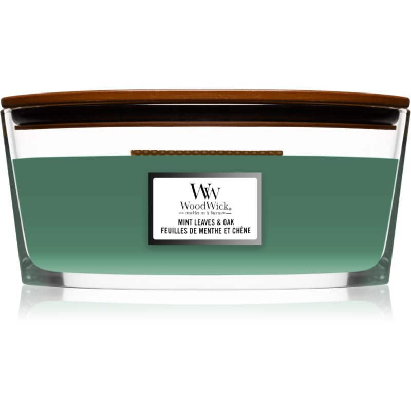 Woodwick Mint Leaves & Oak ароматна свещ с дървен фитил (hearthwick) 453
