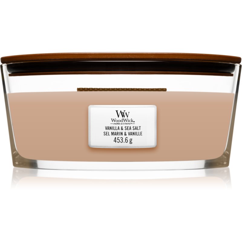 Woodwick Vanilla & Sea Salt ароматна свещ с дървен фитил (hearthwick) 453.6 гр.