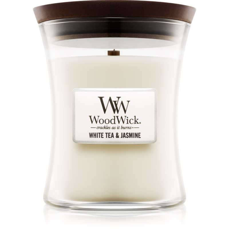 Woodwick White Tea & Jasmine ароматна свещ с дървен фитил 275 гр.