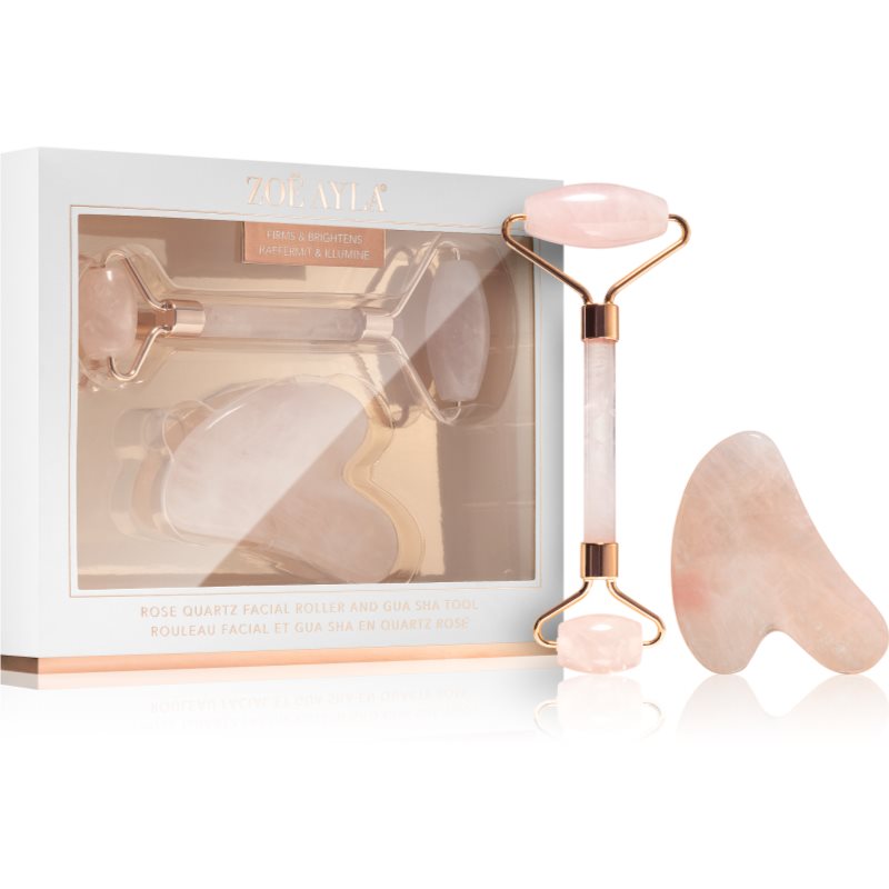 Zoë Ayla Rose Quartz Facial Roller And Gua Sha Tool подаръчен комплект за лице