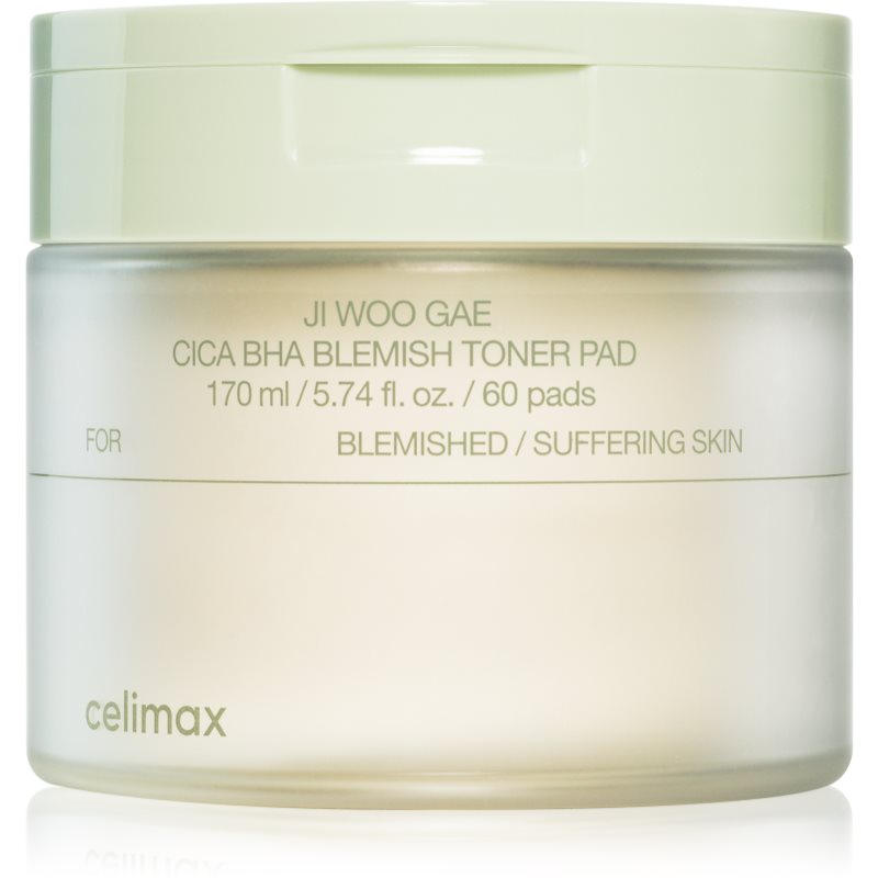 celimax Ji Woo Gae Cica BHA Blemish Toner Pad ексфолиращи възглавнички за чувствителна кожа склонна към акне 60 бр.