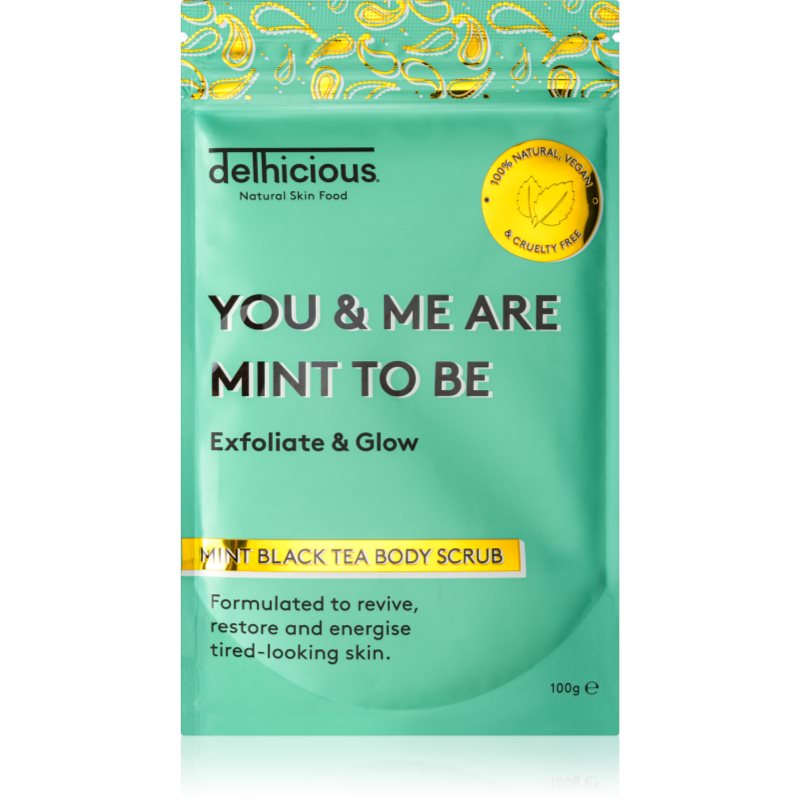 delhicious YOU & ME ARE MINT TO BE MINT BLACK TEA освежаващ пилинг за тяло за суха и сърбяща кожа 100 гр. на ниска цена