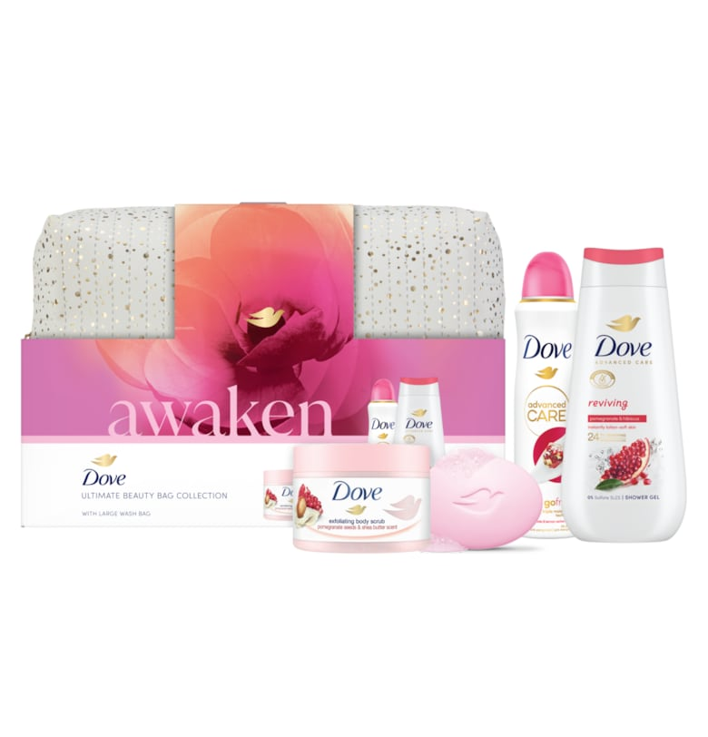 Подаръчен комплект  Advanced Care: Възстановяващ душ гел - 225 мл + Спрей Dove Advanced Care Pomegranate - 150 мл + Скраб Dove Pomegranate & Shea - 225 мл + Крем сапун Dove Pink - 90 гр Dove