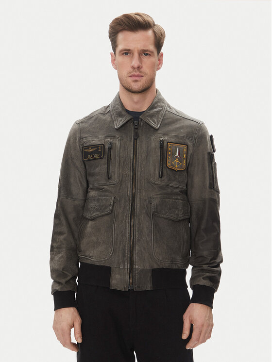 Aeronautica Militare Кожено яке 251PN5047PL00300 Сив Regular Fit за Мъже цена