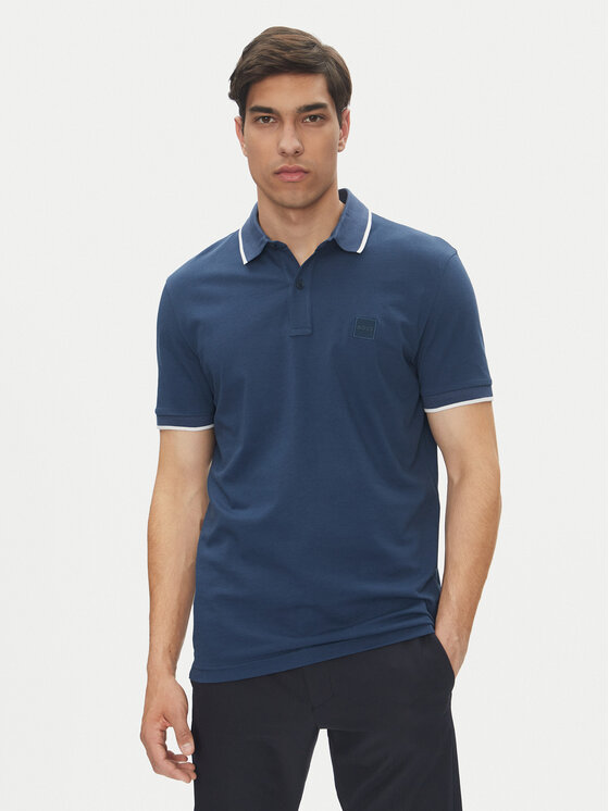 BOSS Тениска с яка и копчета Passertip 50507699 Син Slim Fit за Мъже цена