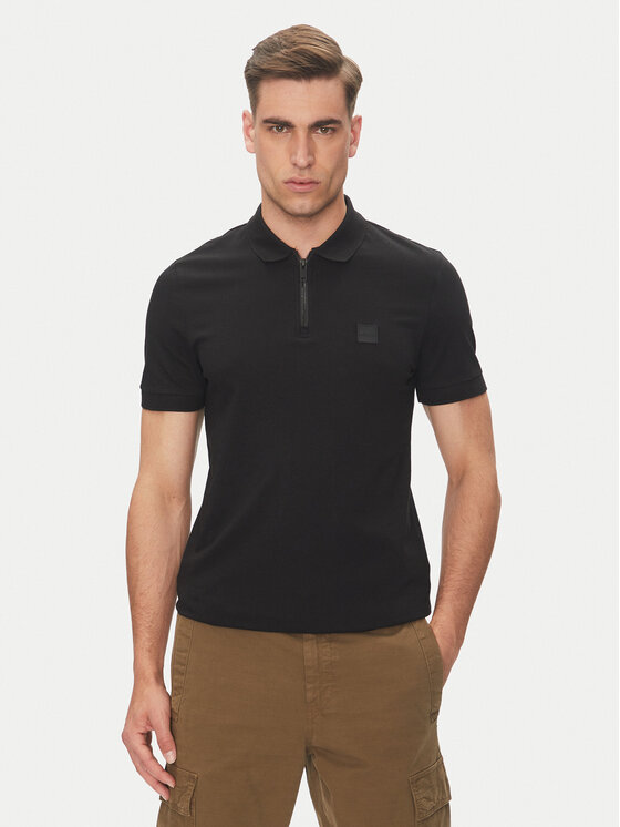 BOSS Тениска с яка и копчета Passerzip 50537507 Черен Slim Fit за Мъже цена