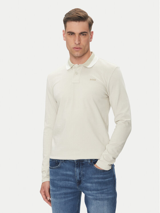 BOSS Тениска с яка и копчета Peoxfordlong_1 50544845 Бежов Regular Fit за Мъже цена