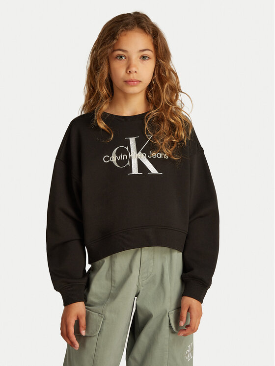 Calvin Klein Jeans Суитшърт Glitter Monologo IG0IG02823 M Черен Boxy Fit за Момичета цена
