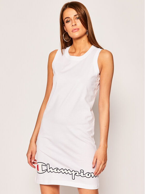 Champion Ежедневна рокля Script Logo Ribbed Trim 112657 Бял Regular Fit за Жени цена