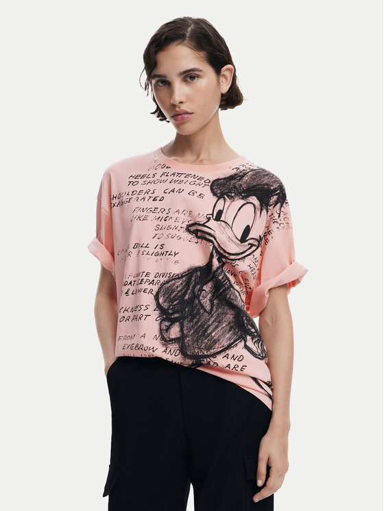 Desigual Тишърт Donald 25SWTKAH Розов Loose Fit за Жени цена