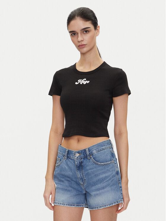 HUGO Тишърт Delanor_2 50539132 Черен Cropped Fit за Жени цена