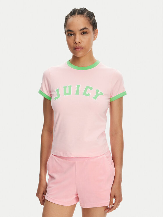 Juicy Couture Тишърт Collegiate Ringer JCWCT125320 Розов Slim Fit за Жени цена