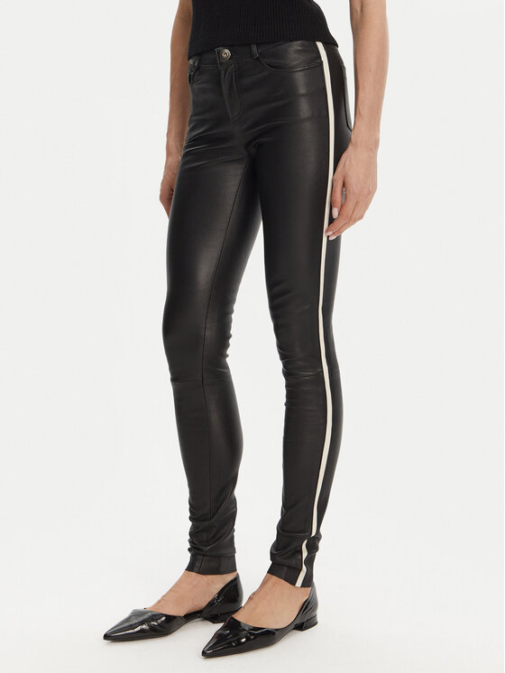Serge Pariente Кожени панталони Sexy Stretch Thin Strip Черен Slim Fit за Жени цена