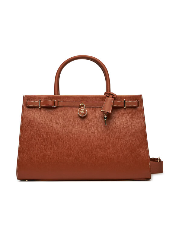 Tommy Hilfiger Дамска чанта American Icon Tote Leather AW0AW17185 Кафяв за Жени цена