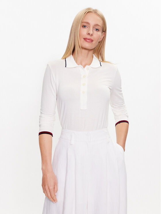 Tommy Hilfiger Тениска с яка и копчета Split Global WW0WW38831 Екрю Slim Fit за Жени цена