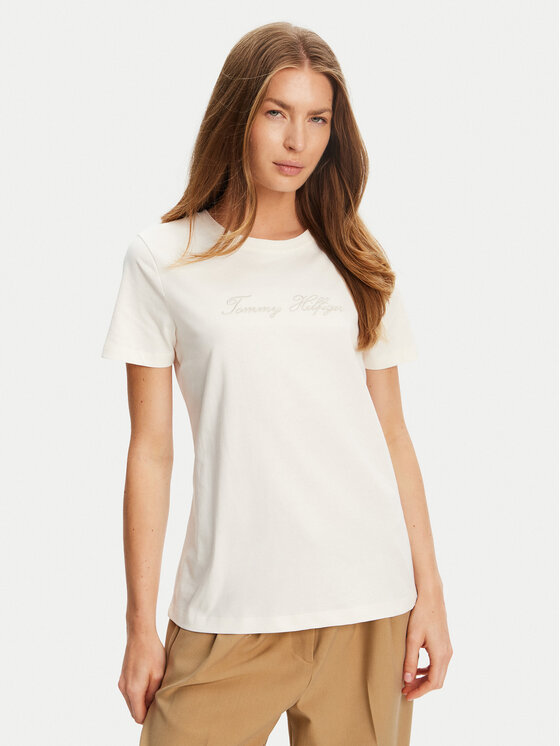 Tommy Hilfiger Тишърт Script WW0WW47210 Екрю Regular Fit за Жени цена