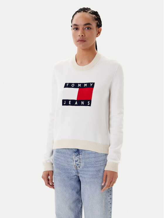 Tommy Jeans Пуловер Colorblock Flag DW0DW20970 Бял Regular Fit за Жени цена