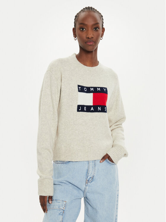 Tommy Jeans Пуловер Flag DW0DW18681 Бежов Relaxed Fit за Жени цена