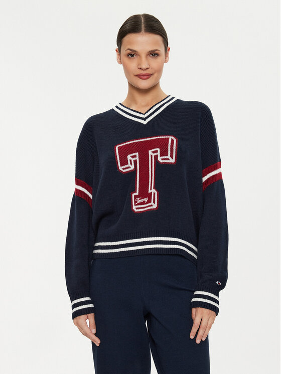 Tommy Jeans Пуловер Letterman DW0DW18519 Тъмносин Oversize за Жени цена