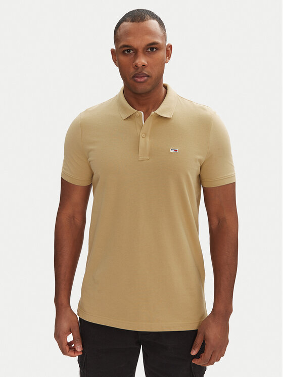 Tommy Jeans Тениска с яка и копчета DM0DM20676 Бежов Slim Fit за Мъже цена
