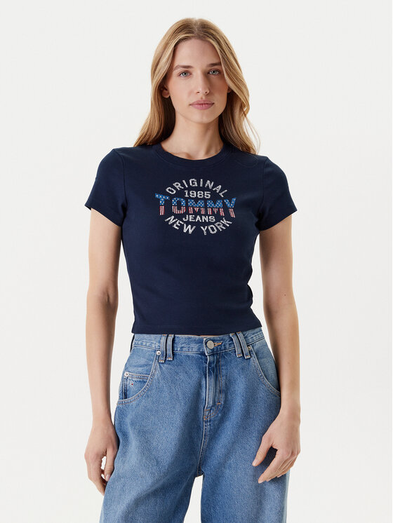 Tommy Jeans Тишърт DW0DW21421 Тъмносин Slim Fit за Жени цена