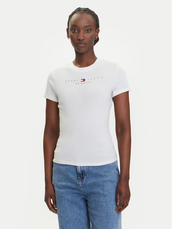Tommy Jeans Тишърт Linear DW0DW21422 Екрю Slim Fit за Жени цена