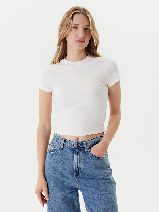 Tommy Jeans Тишърт Script DW0DW20910 Екрю Slim Fit за Жени цена